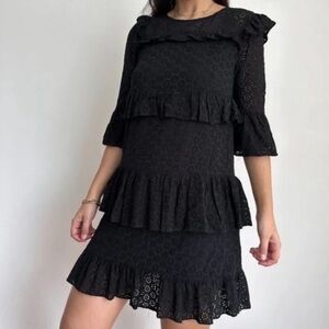 Madewell Black Floral Lace Eyelet Waterlily Tiered Ruffle Viscose Dress